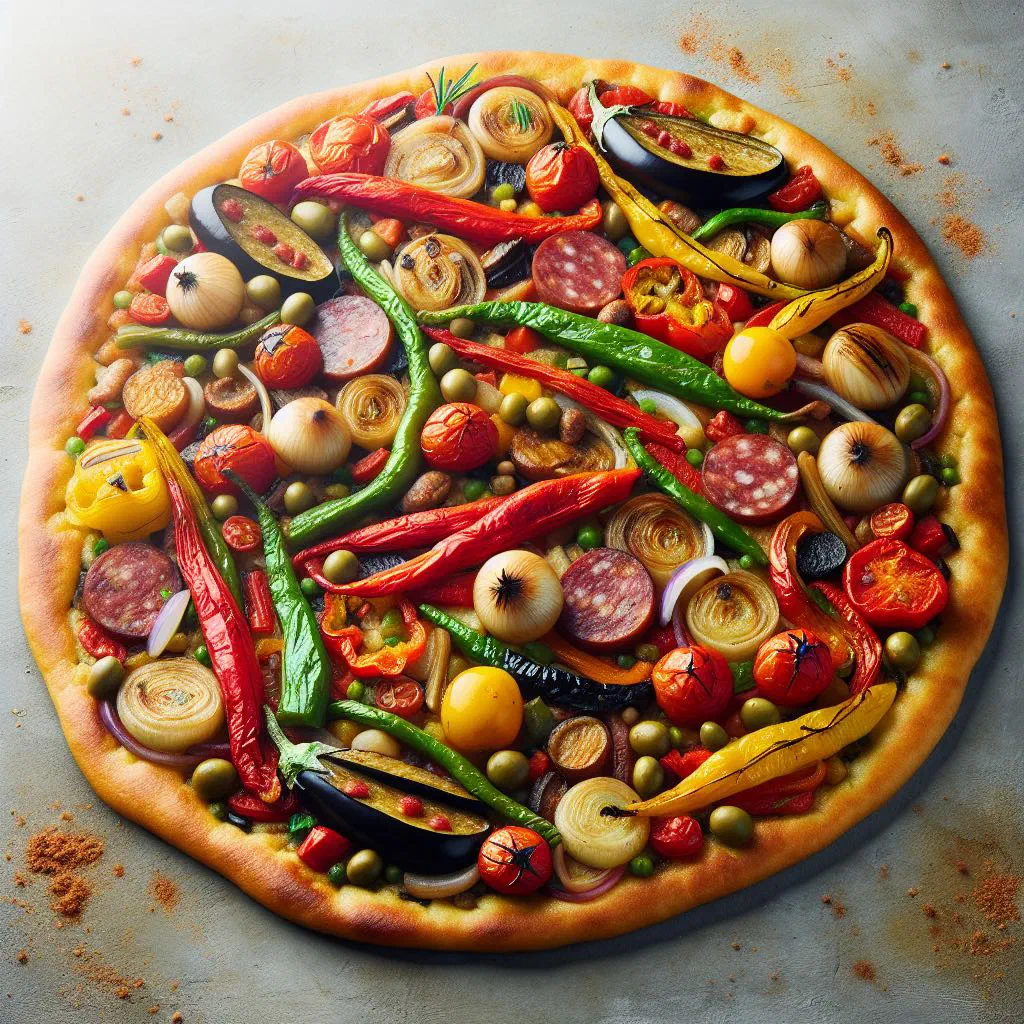 Coca de Recapte flatbread topped with roasted peppers, onions and cheese