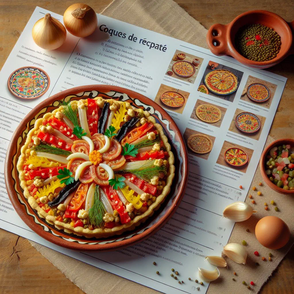 Andorran coques de recapte flatbreads topped with roasted vegetables, sausage and cheese