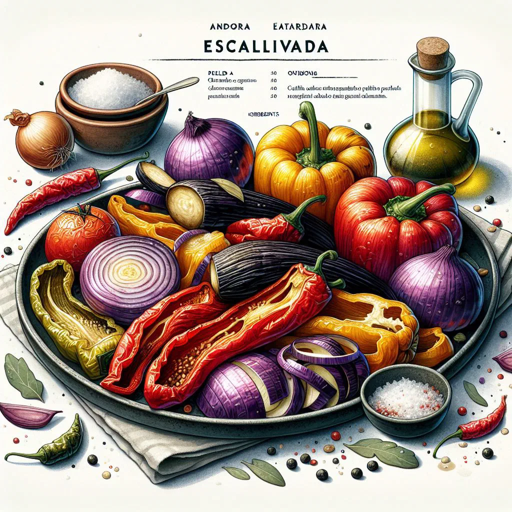 Escalivada with strips of smoky grilled aubergine, peppers and onion drizzled with olive oil