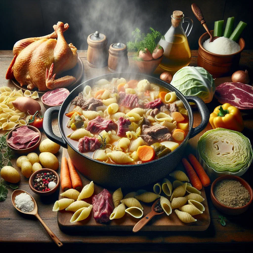 A rustic bowl of Escudella i Carn d'Olla with meat, sausage and vegetables