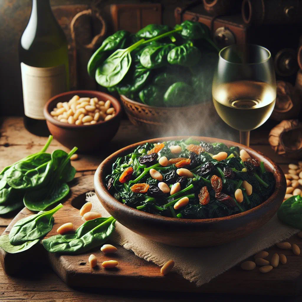 Sautéed spinach with pine nuts and raisins served in a bowl