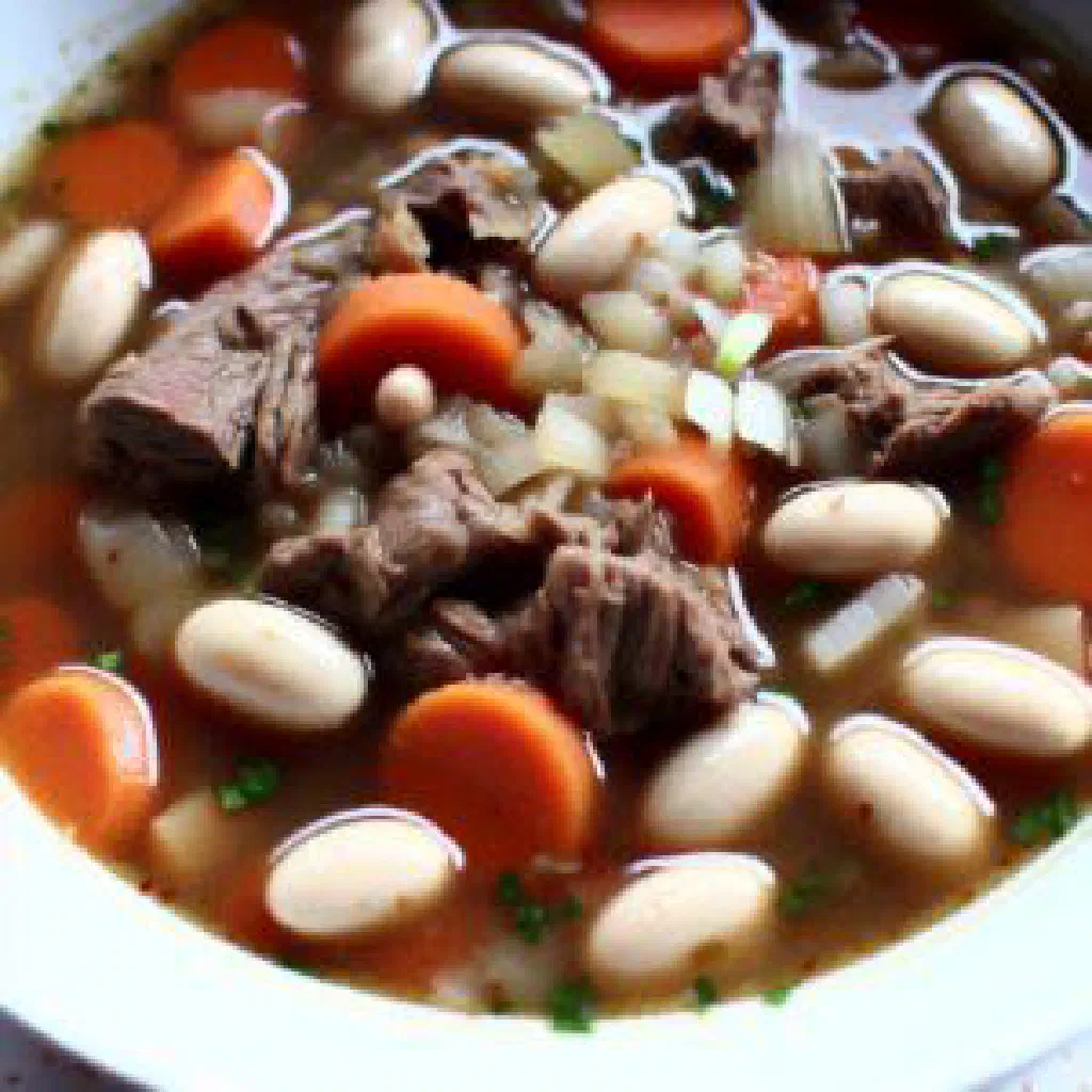 Bowl of fabioles with white beans, beef and carrots