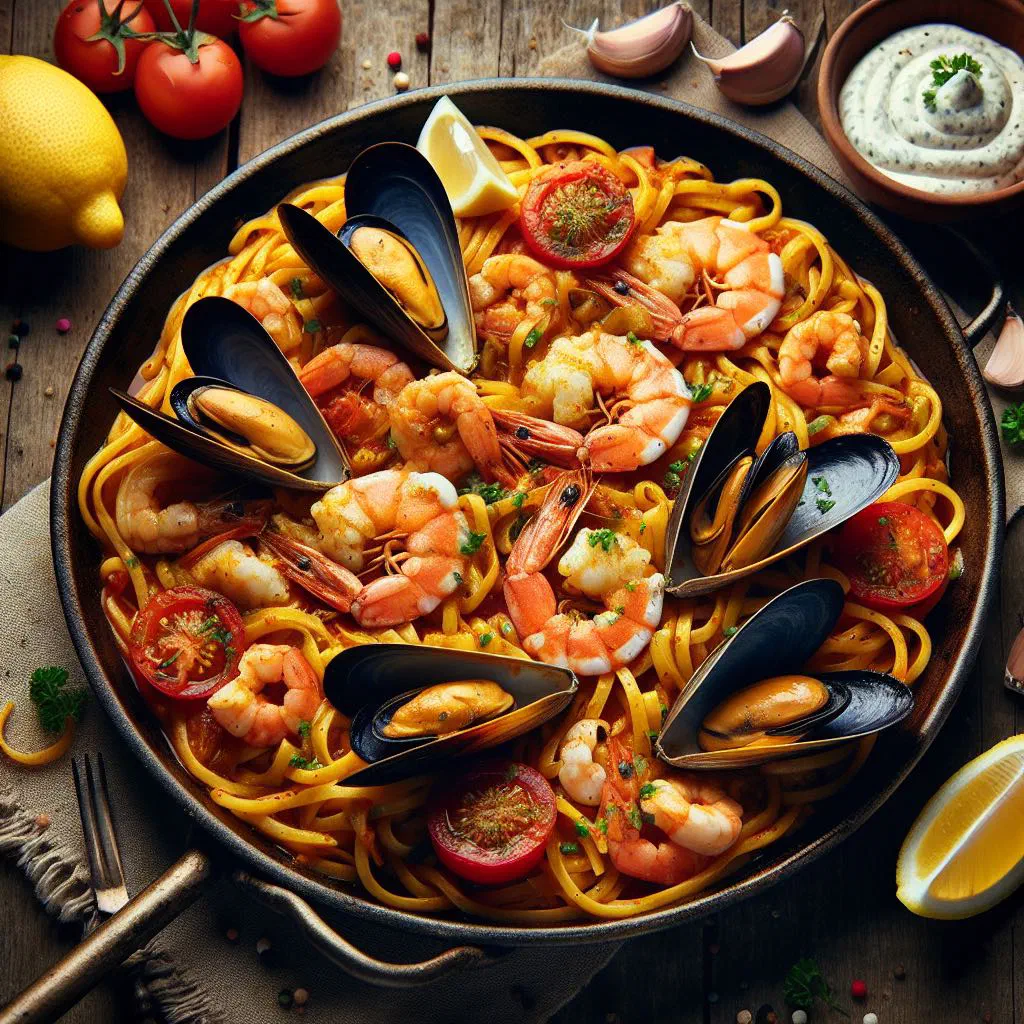 Fideuà with seafood and saffron noodles garnished with parsley