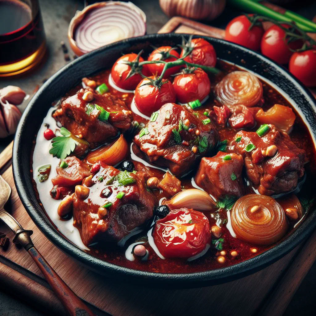 Braised Andorran pork cheeks in a glossy red wine sauce