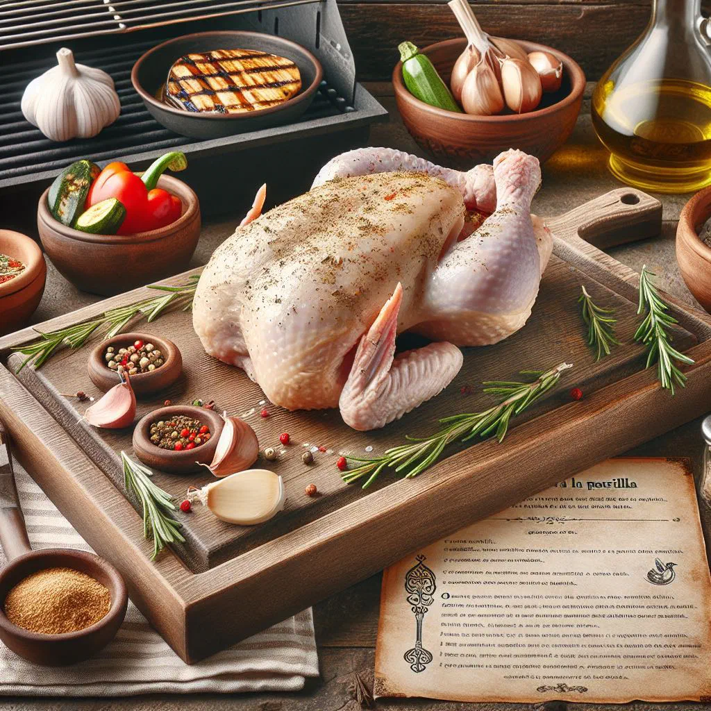 Grilled chicken breast with fresh herbs and lemon on a rustic board