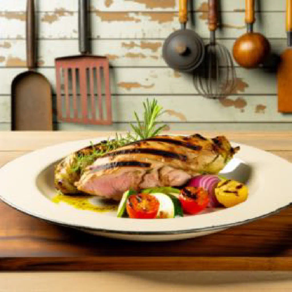 Grilled rabbit pieces with rosemary and lemon on a wooden board