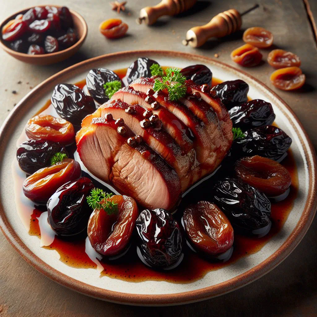 Braised pork loin with prunes in a rich sauce on a plate