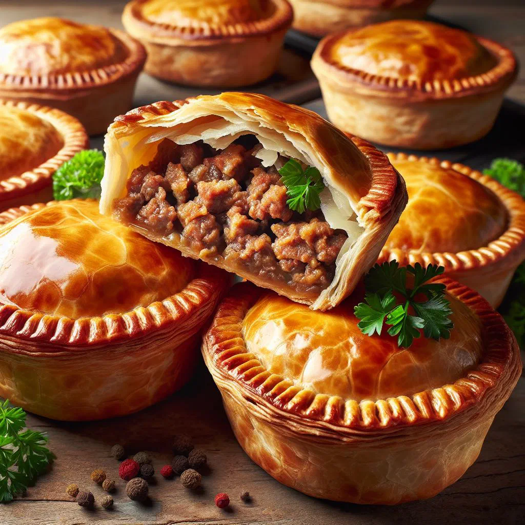 Golden baked Andorran meat pastries on a wooden board