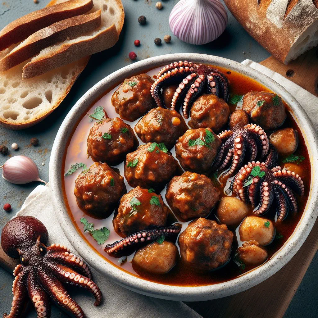 Andorran meatballs with cuttlefish in tomato sauce, garnished with parsley