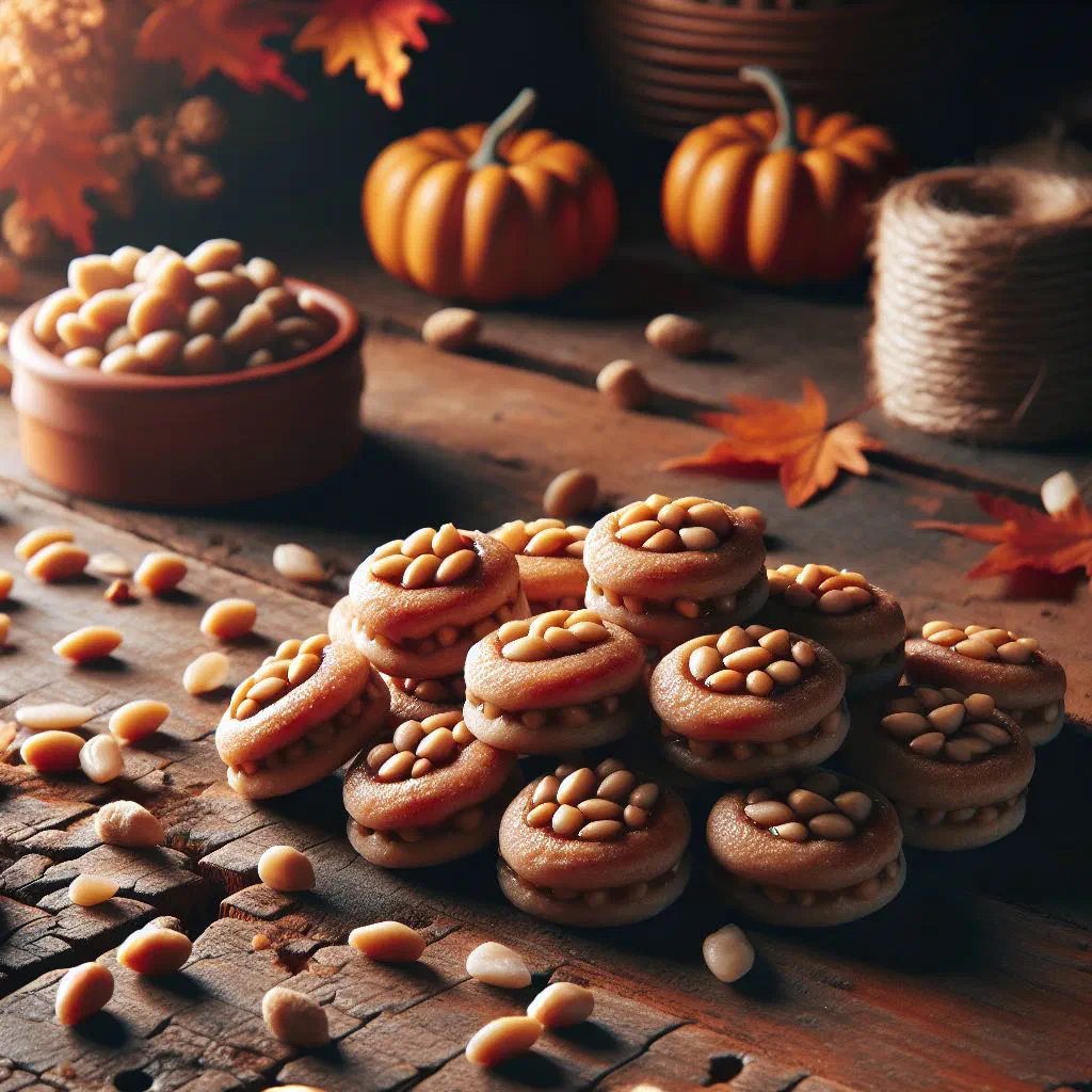 Small round panellets coated in pine nuts on a serving plate