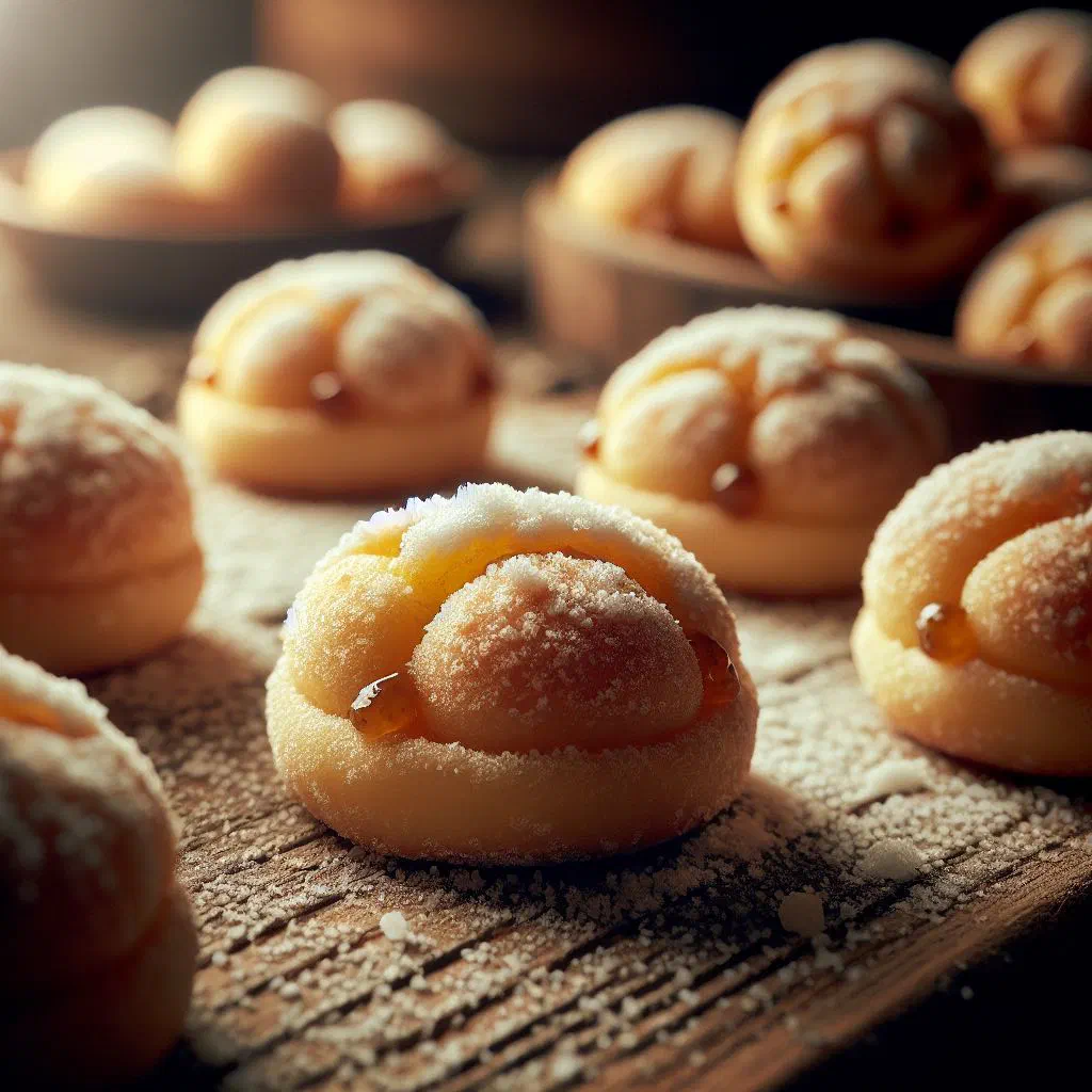 Golden baked pastissets dusted with icing sugar on a plate
