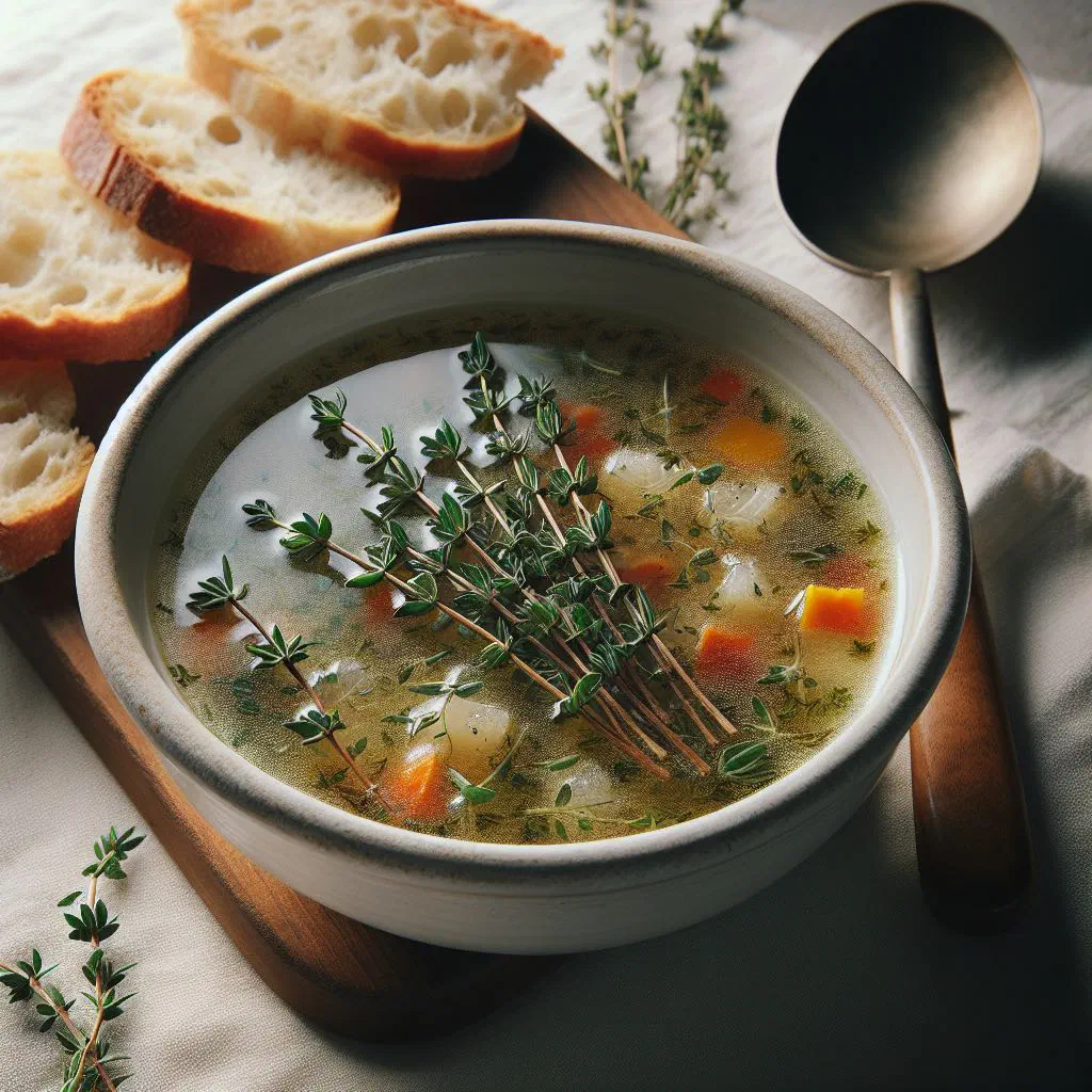 Bowl of Andorran thyme soup garnished with fresh herbs and croutons