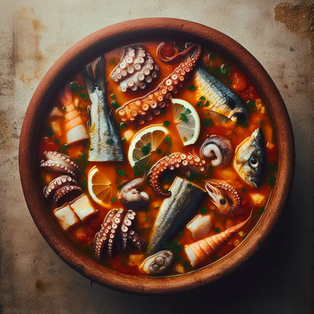 Bowl of Andorran sopa de peix with fish, prawns and mussels garnished with fresh herbs