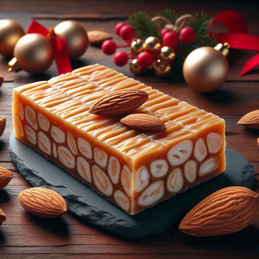 Sliced Torró de Xixona almond and honey nougat on a plate