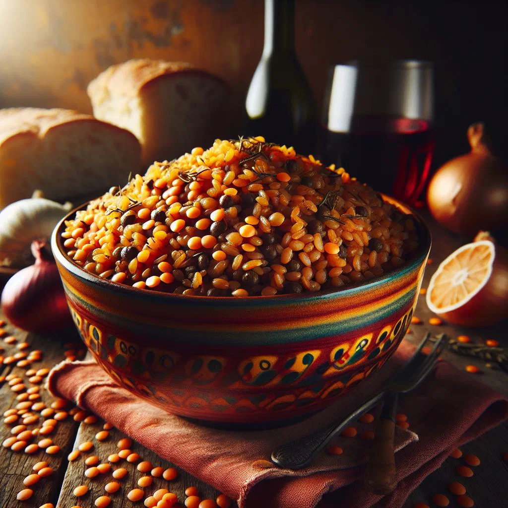 Bowl of Angolan rice and lentils with carrot, pepper and fresh herbs
