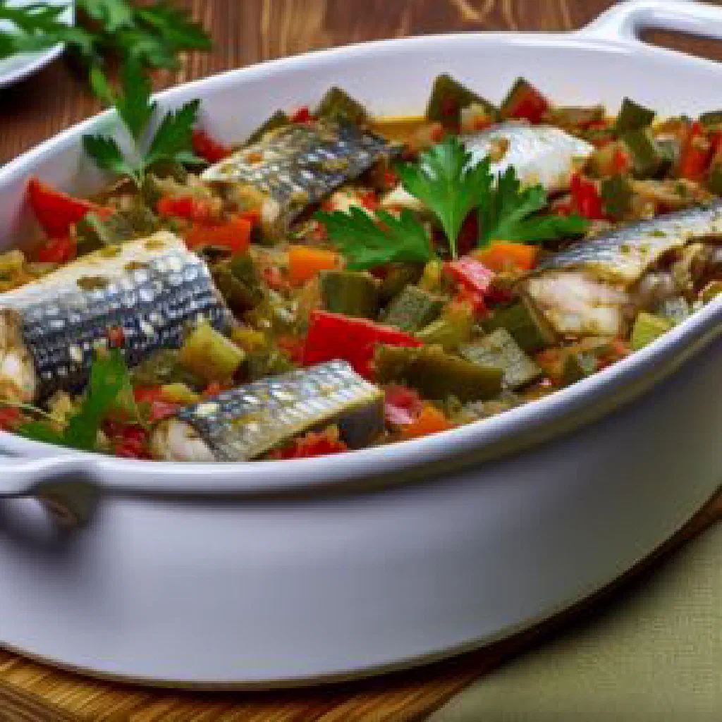Angolan fish stew with prawns, peppers and potatoes in a rustic pot