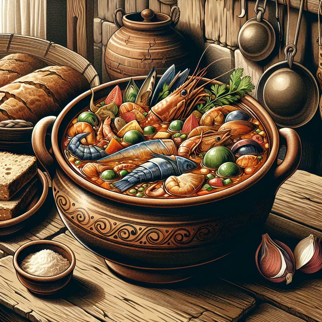 Angolan caldeirada fish stew with prawns, potatoes and fresh herbs in a bowl