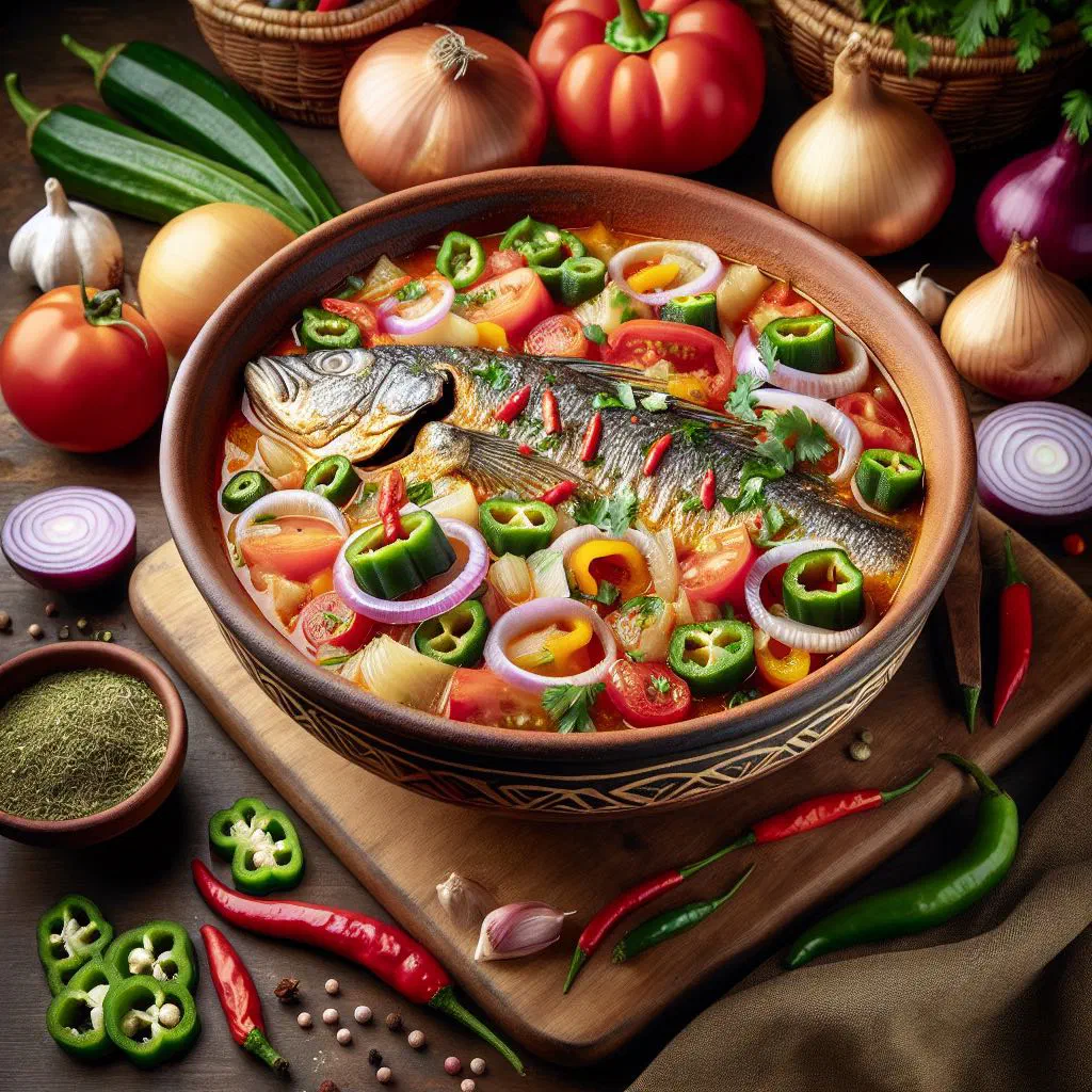 Angolan calulu de peixe fish stew with spinach and tomatoes in a deep bowl