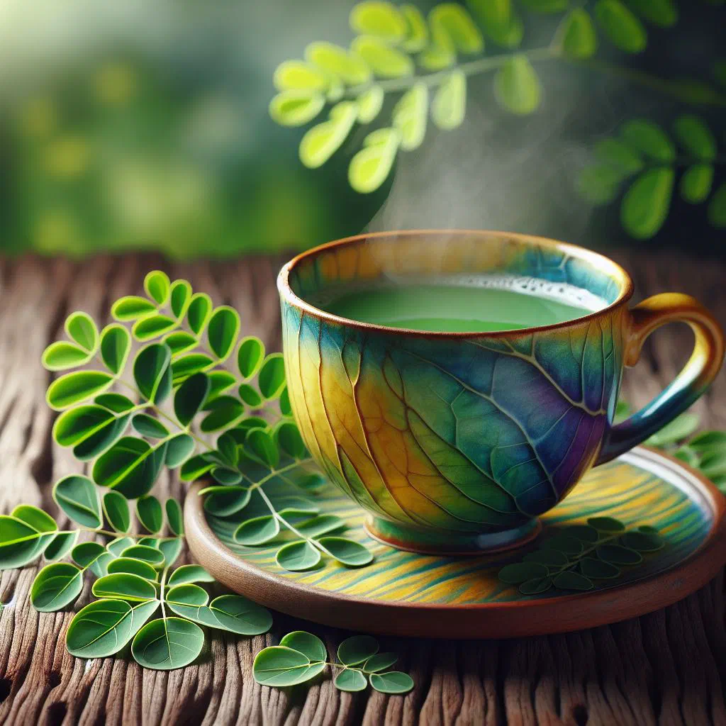A cup of golden moringa leaf tea with a slice of lemon and fresh leaves