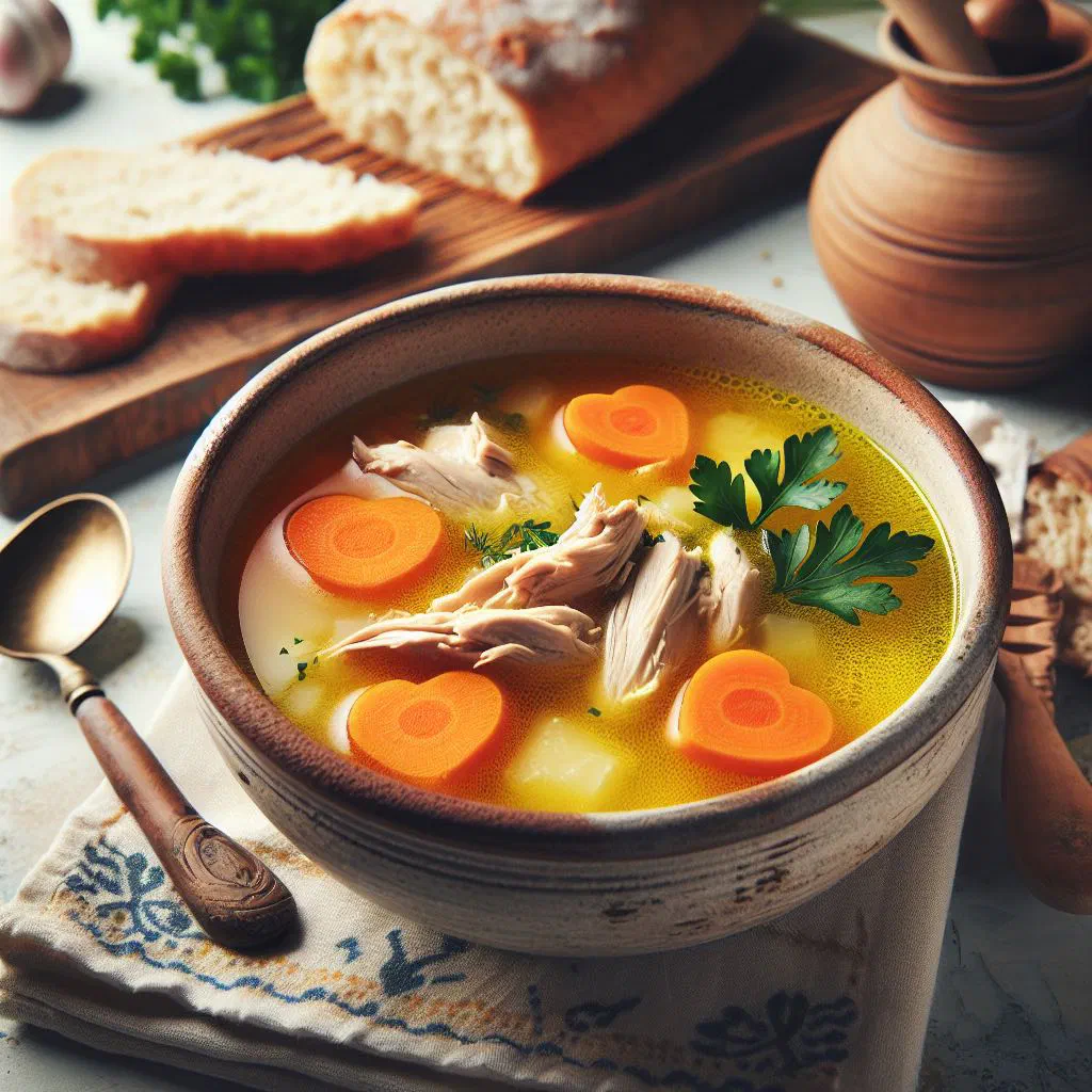 Angolan chicken soup with carrots, peppers and fresh herbs in a deep bowl