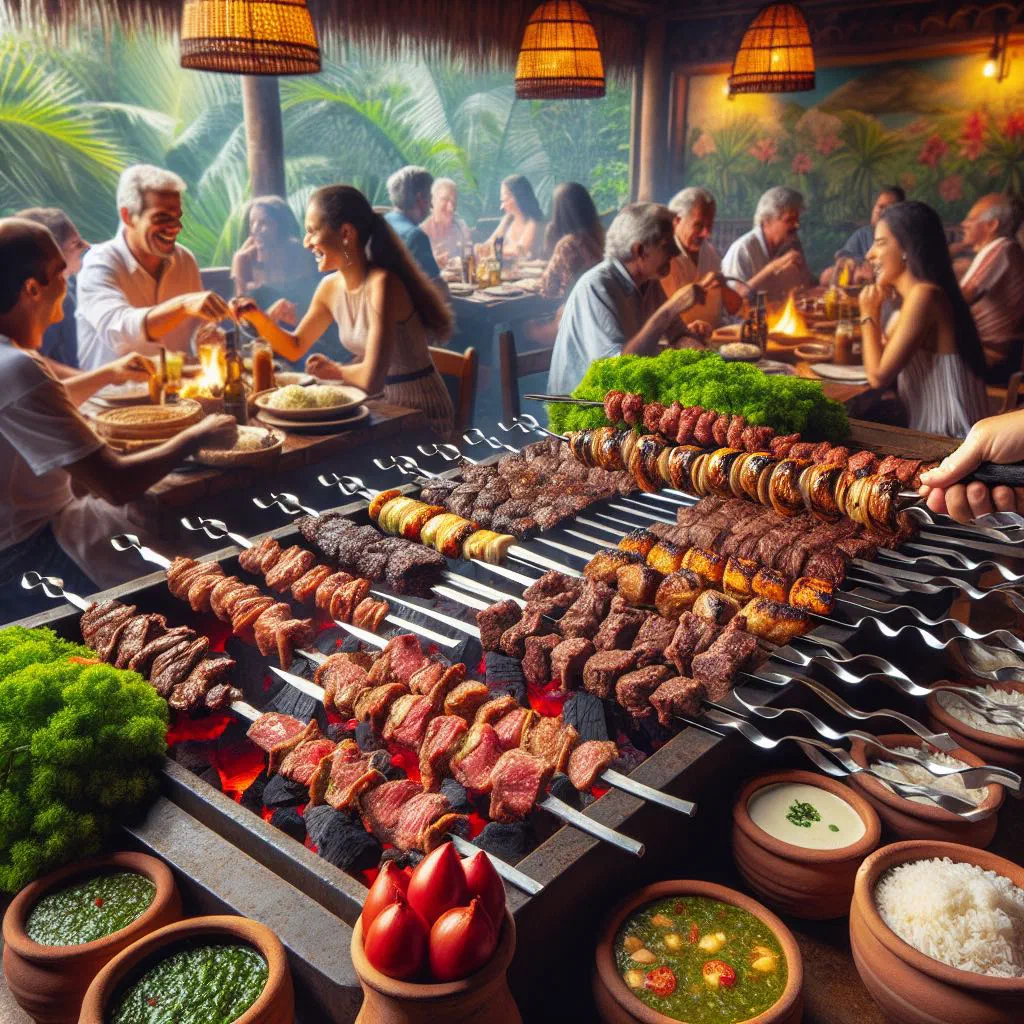 Sliced grilled churrasco beef on a wooden board with lemon and herbs