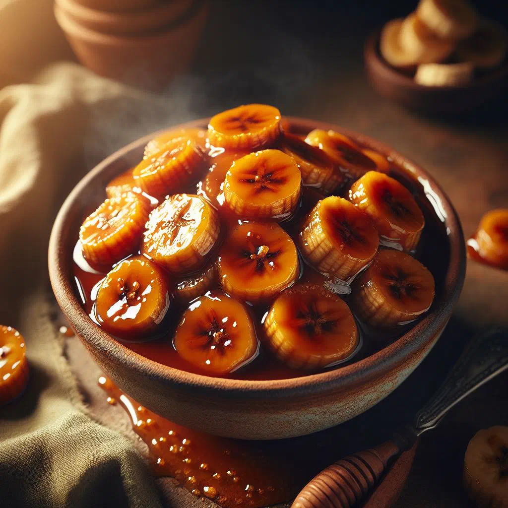 Caramelised banana dessert served warm in a small bowl