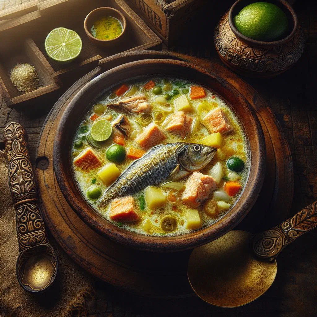 Angolan fish stew with tomatoes and peppers in a deep bowl