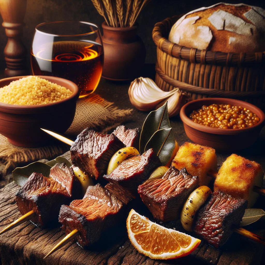 Grilled Angolan espetada beef skewers garnished with fresh herbs