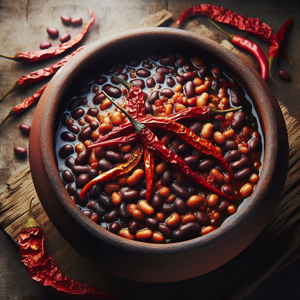 Bowl of Angolan bean stew with fresh red jindungo chillies and herbs