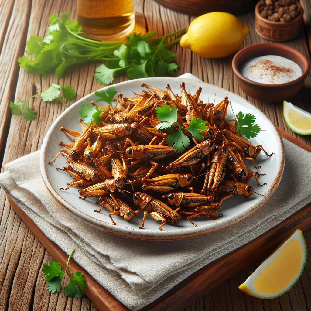 Crispy fried grasshoppers seasoned with salt and paprika on a rustic plate