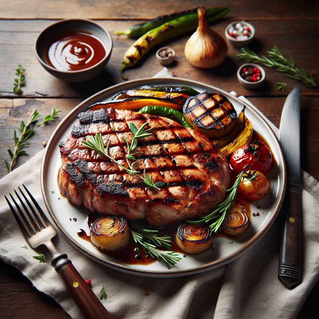 Grilled Angolan pork with fresh herbs on a wooden board