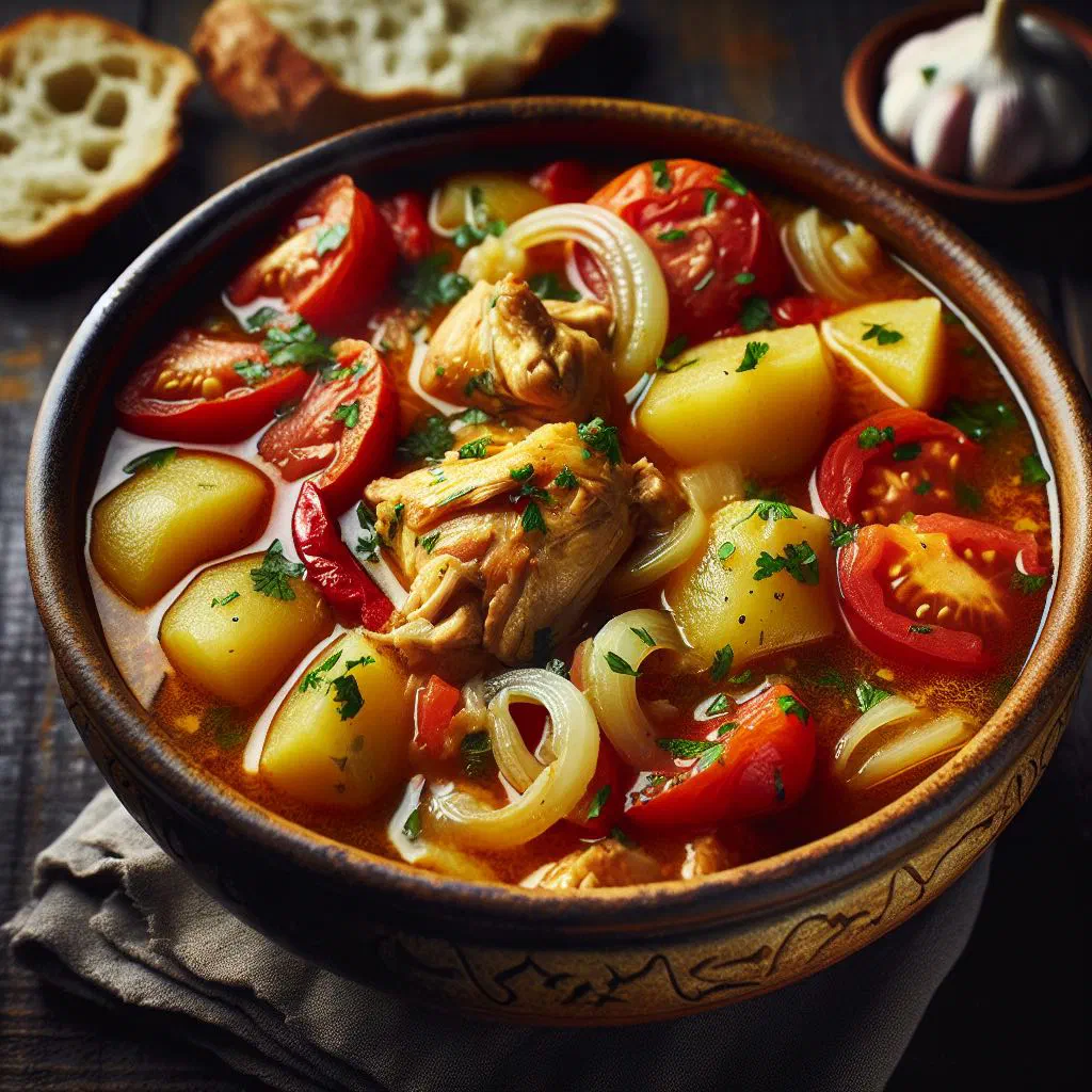 Angolan chicken stew with tomatoes and onions, garnished with parsley