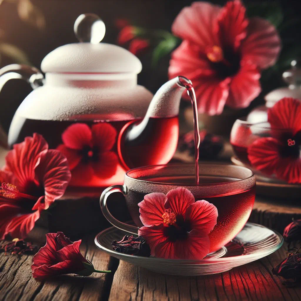 Deep red hibiscus tea served over ice with mint and lemon