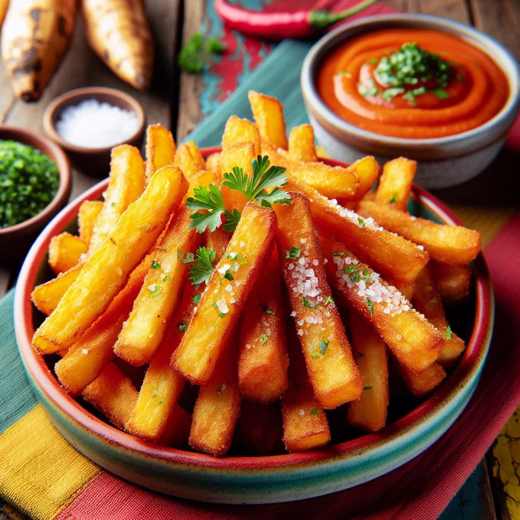 Golden fried cassava sticks on a plate with a dipping sauce