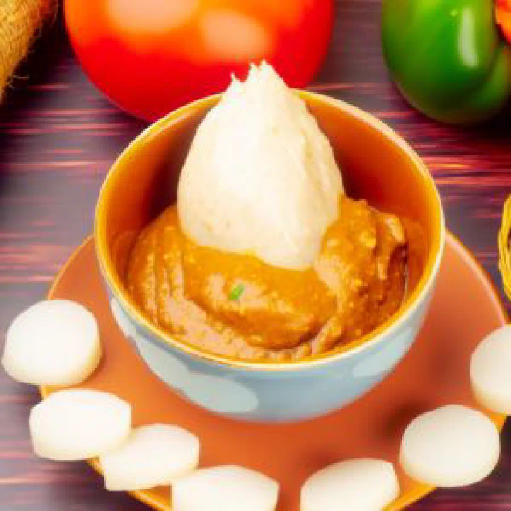 Bowl of Angolan peanut sauce with tomato and fresh coriander