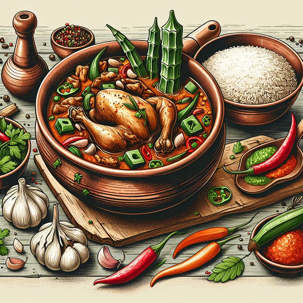 Angolan chicken stew in a rich peanut sauce, garnished with fresh parsley