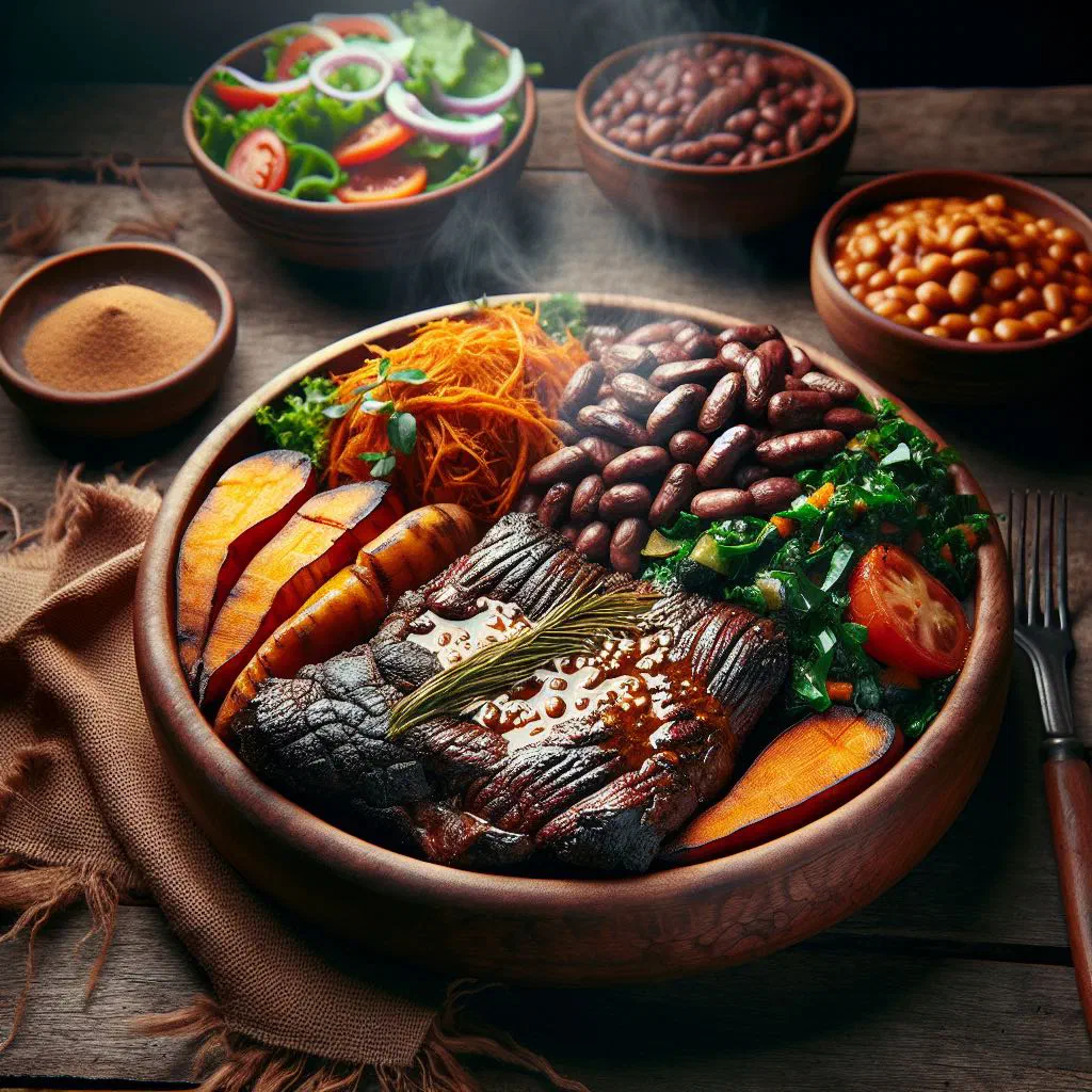 Grilled marinated meat with peppers, onions and tomato on a wooden board