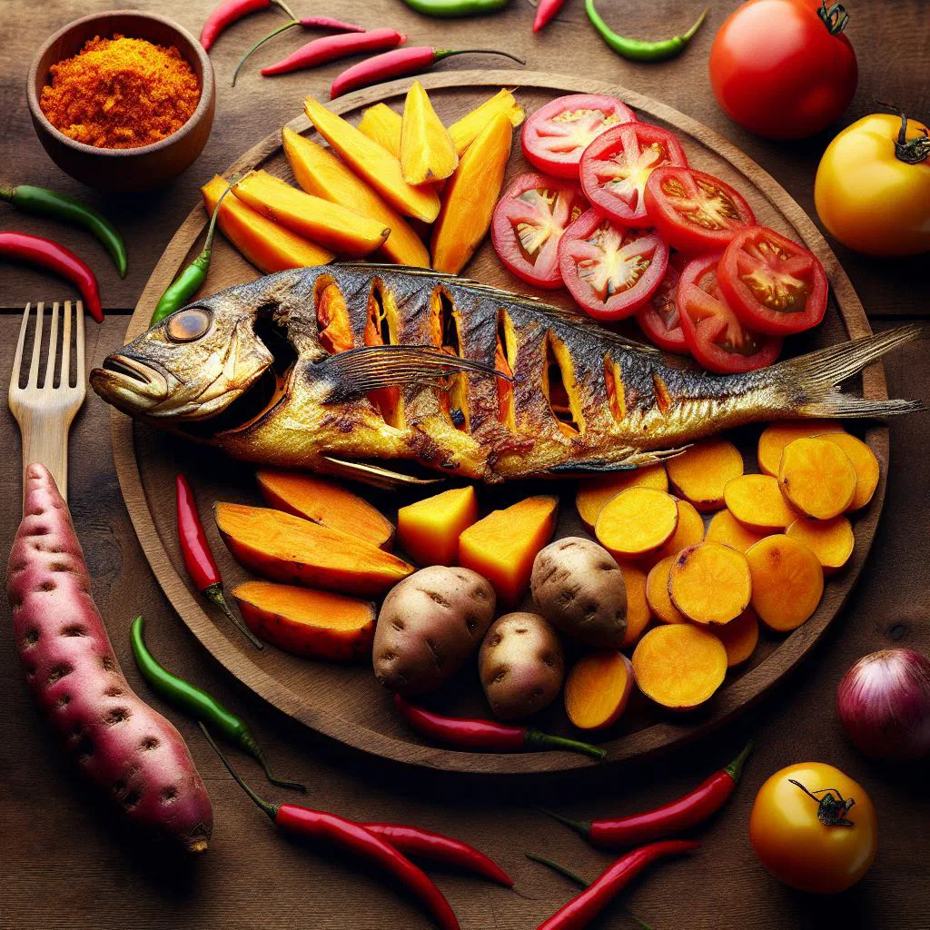 Grilled fish served with rice, black beans and a fresh vegetable mix