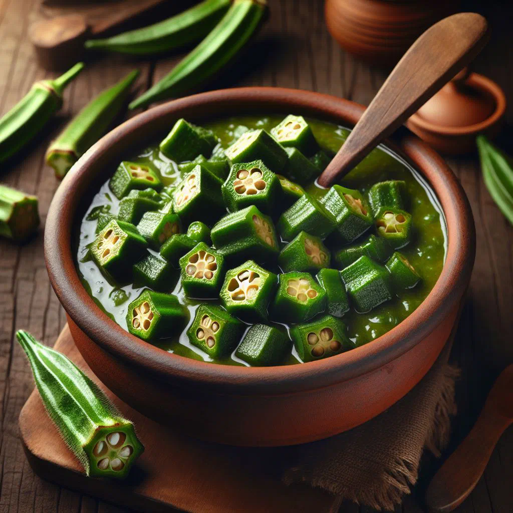 Bowl of Angolan okra sauce with tomato and fresh herbs