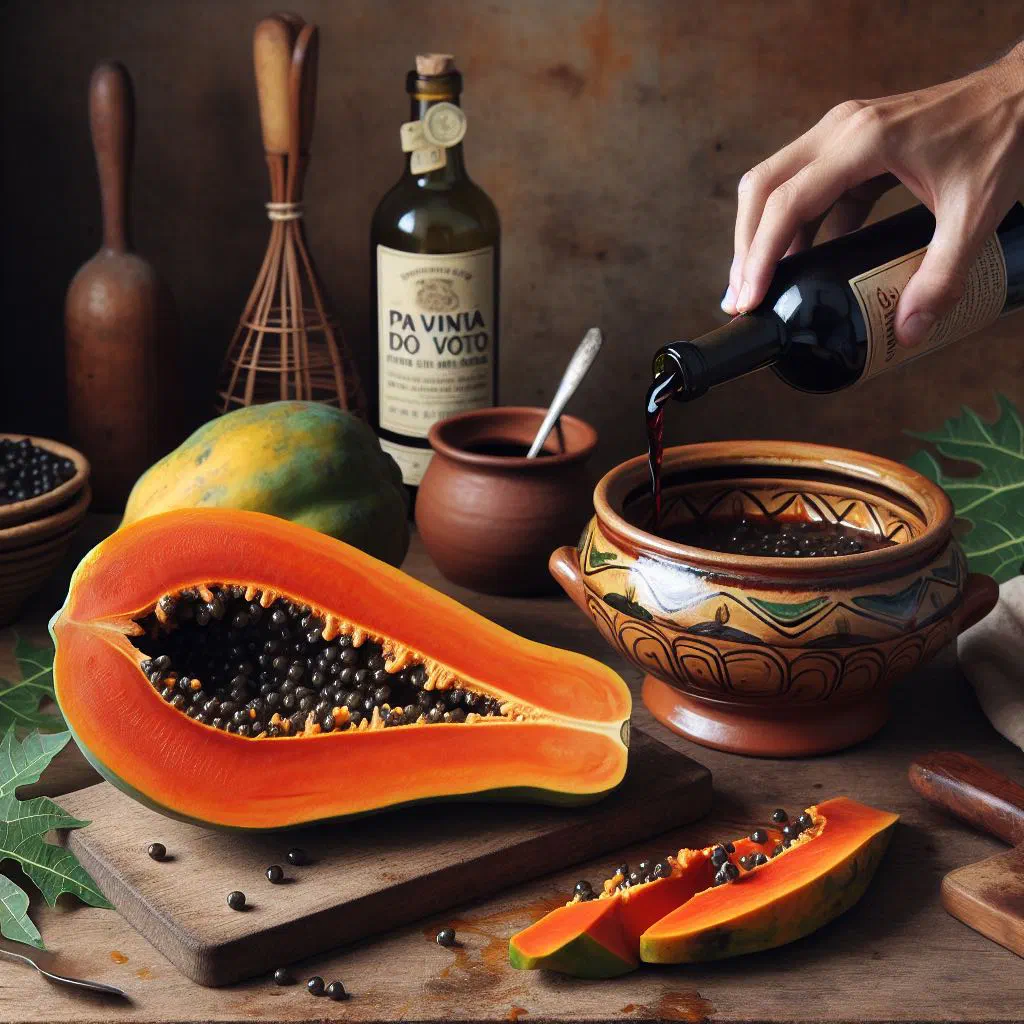 Sliced papaya marinated in port wine, garnished with fresh mint