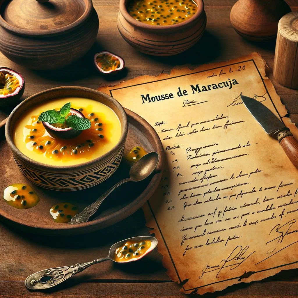 Passion fruit mousse in a glass topped with fresh passion fruit pulp