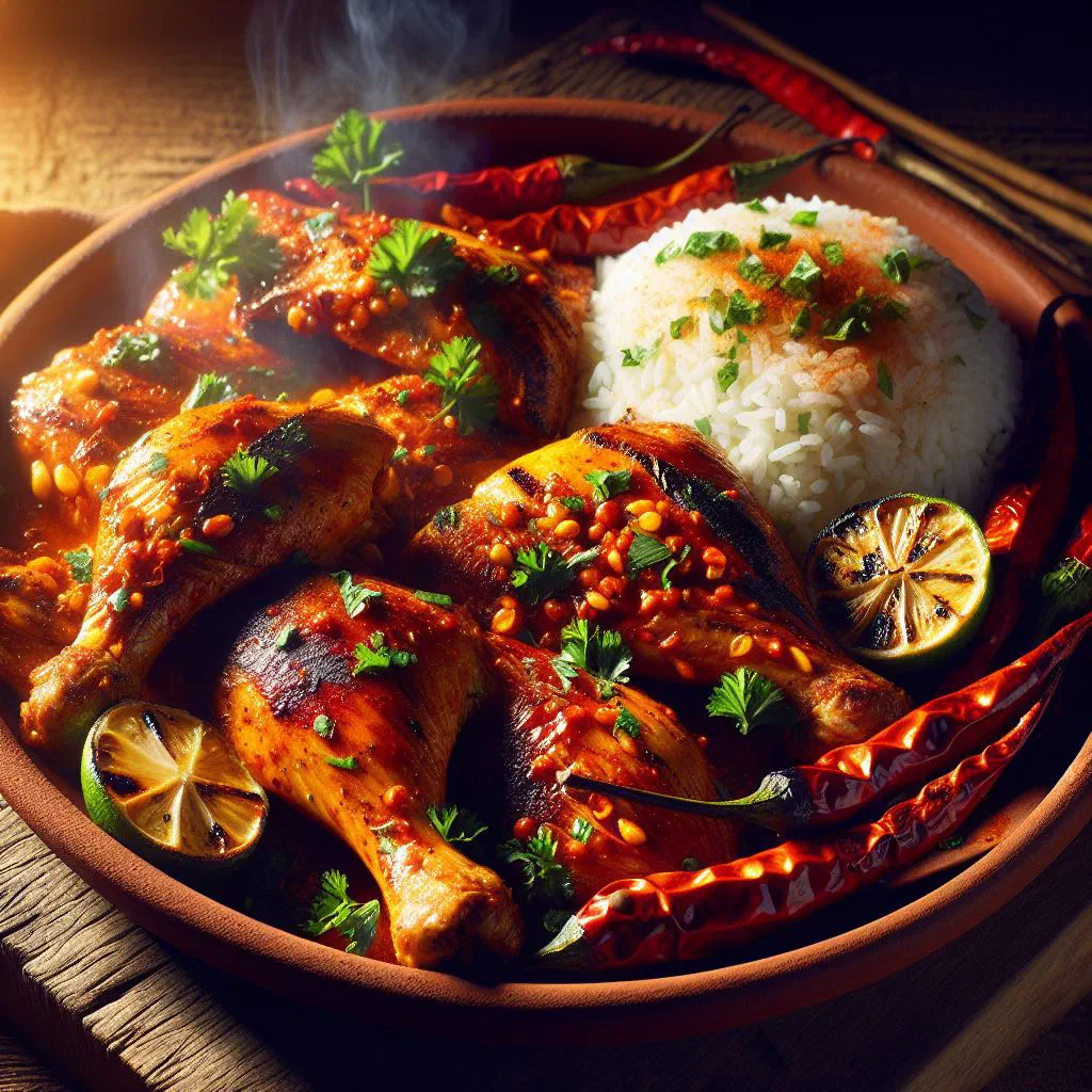 Grilled piri-piri chicken with charred edges and lemon wedges