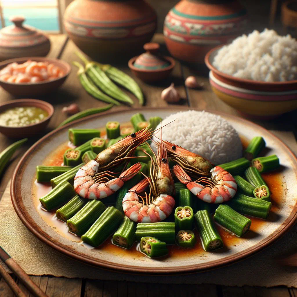 Angolan okra and prawn stew in tomato sauce, garnished with fresh coriander
