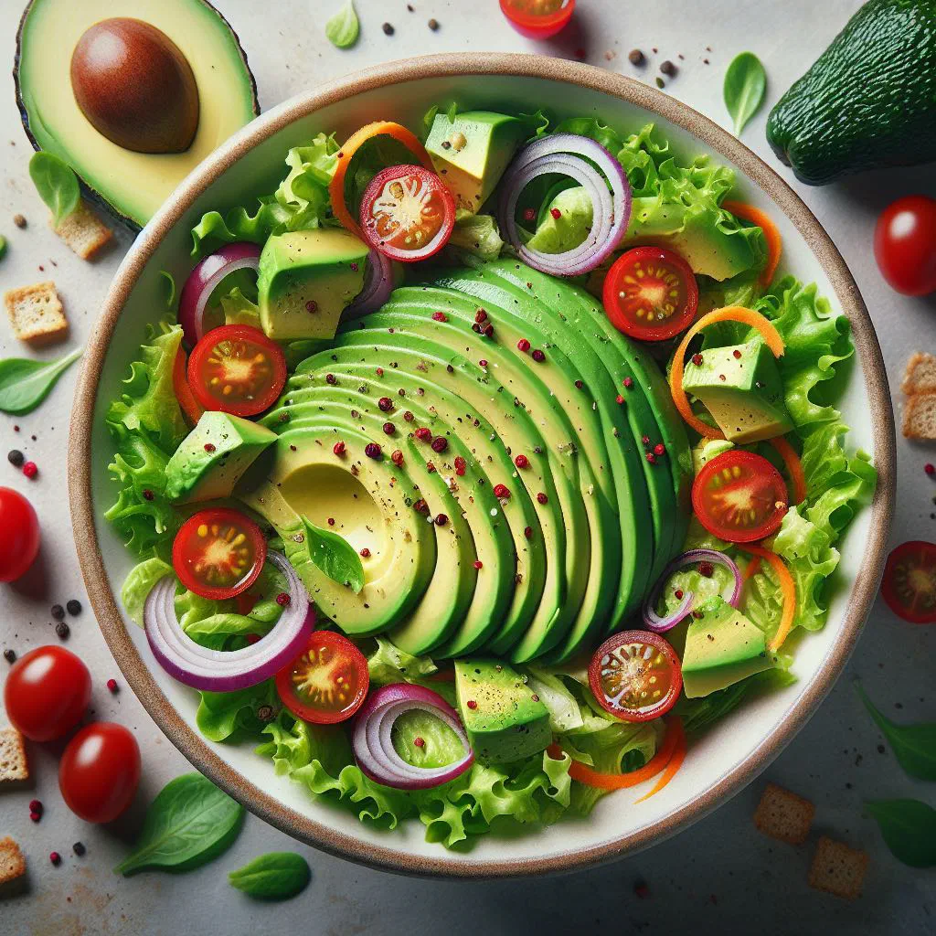 Caribbean avocado salad with diced tomato, cucumber and red onion