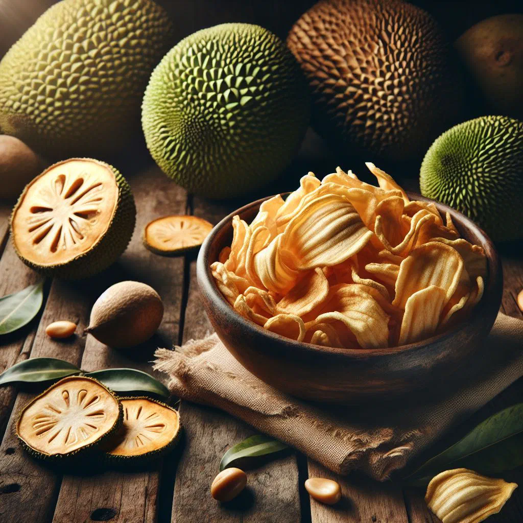 Golden crisp breadfruit chips piled in a bowl and sprinkled with salt
