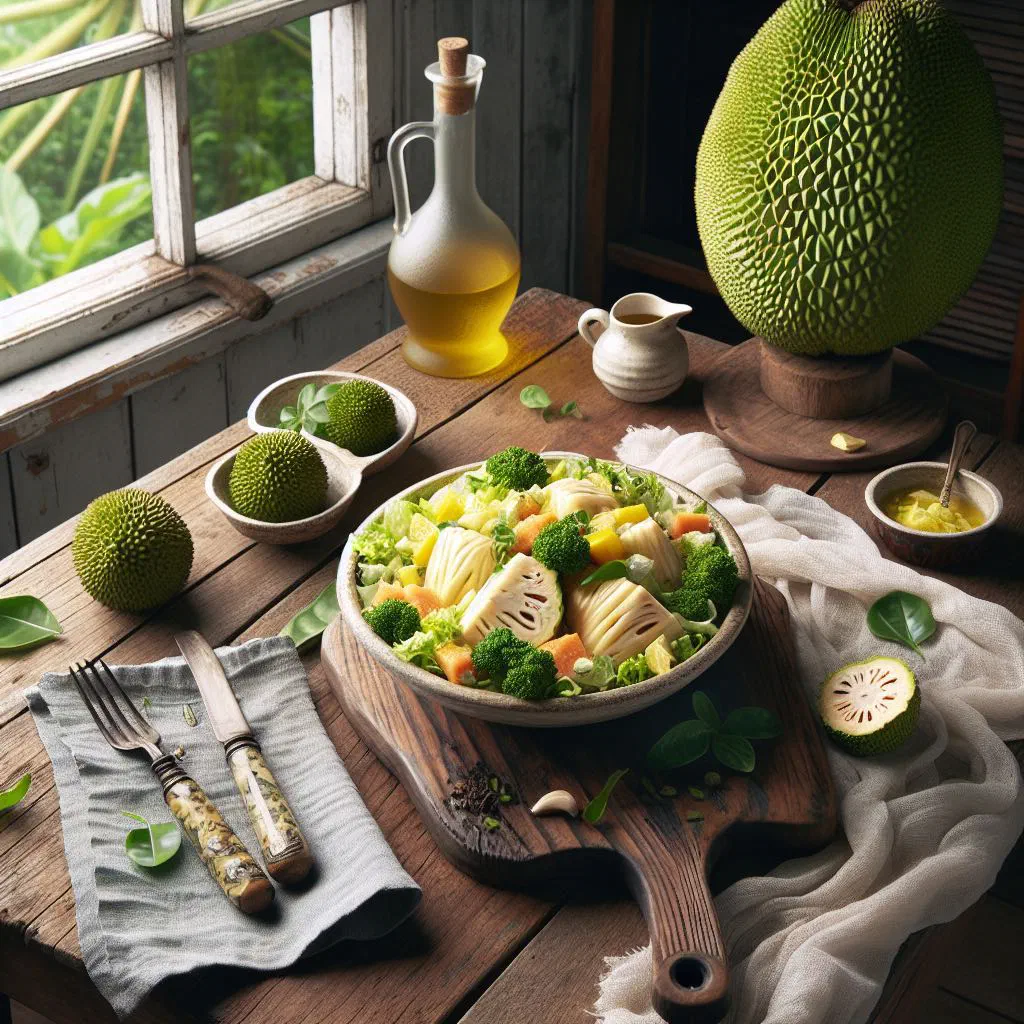 Breadfruit salad with avocado, peppers, tomato and fresh coriander in a bowl