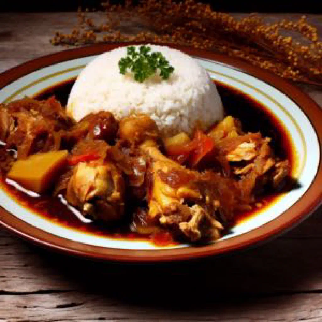 Cassareep chicken simmered in dark cassareep sauce with peppers and fresh herbs