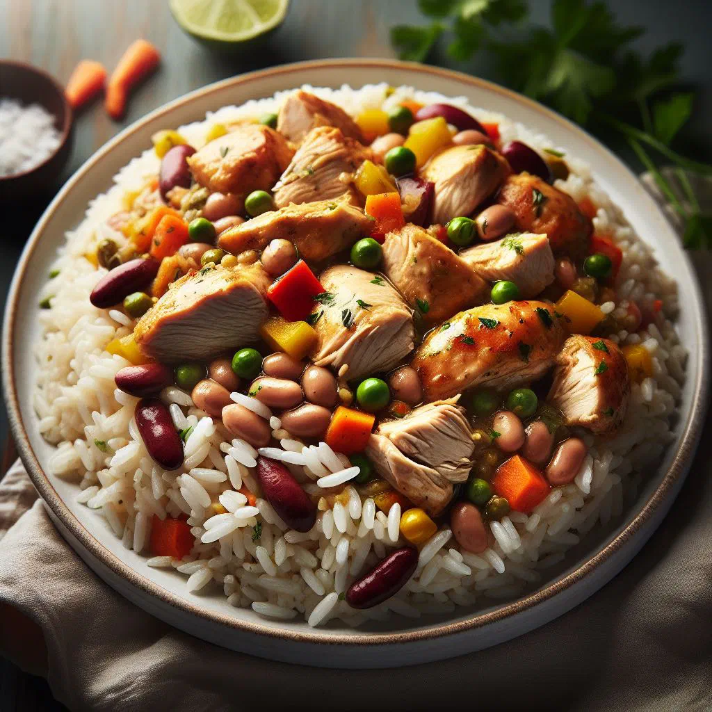 Chicken pelau with rice, peppers and carrot in a bowl