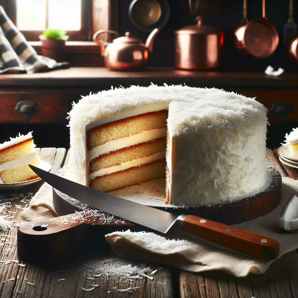 Golden coconut cake topped with toasted coconut shavings