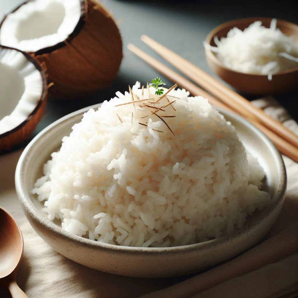 Fluffy coconut rice in a shallow bowl topped with fresh coriander
